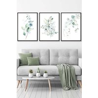 ARTZE Set of 3 Black Framed Green Blue Watercolour Eucalyptus Set 3 Wall Art in Light Green | Size: W45 cm x H62 cm x D20mm