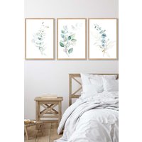 ARTZE Set of 3 Oak Framed Green Blue Watercolour Eucalyptus Set 2 Wall Art in Light Green | Size: W45 cm x H62 cm x D20mm