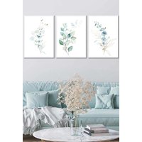 ARTZE Set of 3 White Framed Green Blue Watercolour Eucalyptus Set 2 Wall Art in Light Green | Size: W53 cm x H73 cm x D20mm