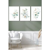 ARTZE Set of 3 White Framed Green Blue Watercolour Eucalyptus Set 1 Wall Art in Light Green | Size: W33 cm x H45 cm x D20mm