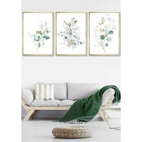 ARTZE Set of 3 Gold Framed Green Blue Watercolour Eucalyptus Set 1 Wall Art in Light Green | Size: W33 cm x H45 cm x D20mm