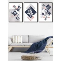 ARTZE Set of 3 Black Framed Graphical Abstract Floral Blue Grey Wall Art in Navy | Size: W45 cm x H62 cm x D20mm