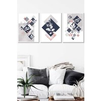 ARTZE Set of 3 White Framed Graphical Abstract Floral Blue Grey Wall Art in Navy | Size: W45 cm x H62 cm x D20mm