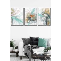 ARTZE Set of 3 Dark Grey Framed Abstract Green Yellow Grey Mixed Media Fractal Wall Art in Bright Yellow | Size: W45 cm x H62 cm x D20mm