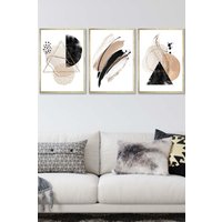 ARTZE Abstract Black Beige Watercolour Shapes Framed Wall Art - Large in Metallic Gold | Size: W53 cm x H73 cm x D20mm