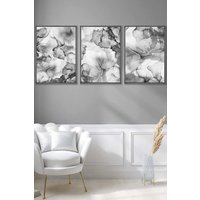 ARTZE Set of 3 Dark Grey Framed Abstract Floral Fluid in Grey Wall Art in Mid Grey | Size: W53 cm x H73 cm x D20mm