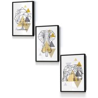 ARTZE Geometric Line Art Yellow Elephant Tree Set Framed Wall Art - Small in Black | Size: W33 cm x H45 cm x D20mm