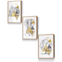 ARTZE Geometric Line Art Yellow Elephant Tree Set Framed Wall Art - Small in Light Oak | Size: W33 cm x H45 cm x D20mm