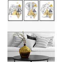 ARTZE Geometric Line Art Yellow Elephant Tree Set Framed Wall Art - Large in Dark Grey | Size: W53 cm x H73 cm x D20mm