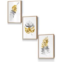 ARTZE Geometric Tropical Leaves In Yellow Grey Framed Wall Art - Small in Light Oak | Size: W33 cm x H45 cm x D20mm