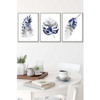 ARTZE Geometric Tropical Leaves In Navy Blue Grey Framed Wall Art - Medium in Light Grey | Size: W45 cm x H62 cm x D20mm