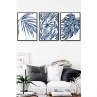 ARTZE Set of 3 Black Framed Tropical Plants & Pattern Navy Blue Abstract Wall Art | Size: W33 cm x H45 cm x D20mm