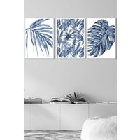 ARTZE Set of 3 White Framed Tropical Plants & Pattern Navy Blue Abstract Wall Art | Size: W33 cm x H45 cm x D20mm