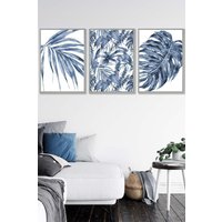 ARTZE Set of 3 Light Grey Framed Tropical Plants & Pattern Navy Blue Abstract Wall Art | Size: W45 cm x H62 cm x D20mm