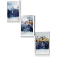 ARTZE Abstract Navy Blue & Yellow Mountains Framed Wall Art - Small in White | Size: W33 cm x H45 cm x D20mm