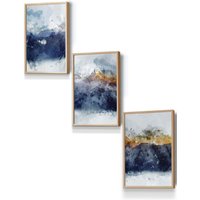 ARTZE Abstract Navy Blue & Yellow Mountains Framed Wall Art - Small in Light Oak | Size: W33 cm x H45 cm x D20mm