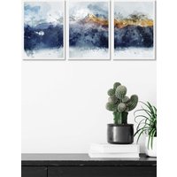 ARTZE Abstract Navy Blue & Yellow Mountains Framed Wall Art - Medium in White | Size: W45 cm x H62 cm x D20mm