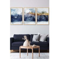 ARTZE Abstract Navy Blue & Yellow Mountains Framed Wall Art - Large in Light Oak | Size: W53 cm x H73 cm x D20mm