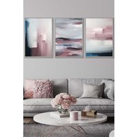 ARTZE Abstract Navy Blue Grey Blush Pink Oil Framed Wall Art - Large in Light Grey | Size: W53 cm x H73 cm x D20mm
