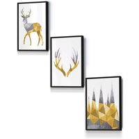 ARTZE Geometric Yellow Grey Stags Set Framed Wall Art - Small in Black | Size: W33 cm x H45 cm x D20mm