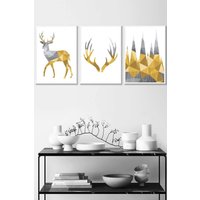 ARTZE Geometric Yellow Grey Stags Set Framed Wall Art - Medium in White | Size: W45 cm x H62 cm x D20mm