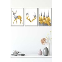 ARTZE Geometric Yellow Grey Stags Set Framed Wall Art - Medium in Light Grey | Size: W45 cm x H62 cm x D20mm