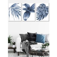 ARTZE Set of 3 White Framed Tropical Plants Navy Blue Abstract Wall Art | Size: W33 cm x H45 cm x D20mm