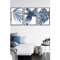 ARTZE Set of 3 Black Framed Tropical Plants Navy Blue Abstract Wall Art | Size: W53 cm x H73 cm x D20mm