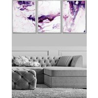 ARTZE Set of 3 Silver Framed Purple Pink Abstract Ocean Waves Wall Art | Size: W53 cm x H73 cm x D20mm