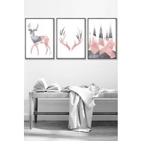 ARTZE Geometric Blush Pink Grey Stags Set Framed Wall Art - Medium in Dark Grey | Size: W45 cm x H62 cm x D20mm