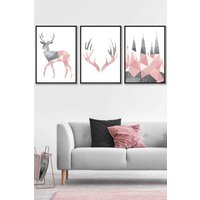 ARTZE Geometric Blush Pink Grey Stags Set Framed Wall Art - Large in Black | Size: W53 cm x H73 cm x D20mm