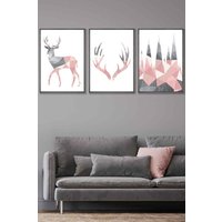 ARTZE Geometric Blush Pink Grey Stags Set Framed Wall Art - Large in Dark Grey | Size: W53 cm x H73 cm x D20mm