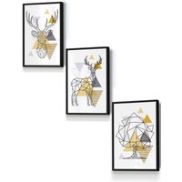 ARTZE Geometric Line Art Yellow Stags Tree Set Framed Wall Art - Small in Black | Size: W33 cm x H45 cm x D20mm