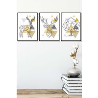 ARTZE Geometric Line Art Yellow Stags Tree Set Framed Wall Art - Medium in Black | Size: W45 cm x H62 cm x D20mm