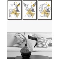 ARTZE Geometric Line Art Yellow Stags Tree Set Framed Wall Art - Large in Black | Size: W53 cm x H73 cm x D20mm