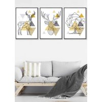 ARTZE Geometric Line Art Yellow Stags Tree Set Framed Wall Art - Large in Dark Grey | Size: W53 cm x H73 cm x D20mm