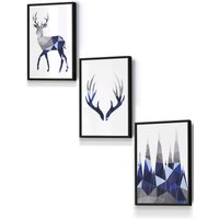 ARTZE Geometric Navy Blue Grey Stags Set Framed Wall Art - Small in Black | Size: W33 cm x H45 cm x D20mm