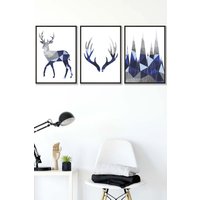 ARTZE Geometric Navy Blue Grey Stags Set Framed Wall Art - Medium in Black | Size: W45 cm x H62 cm x D20mm