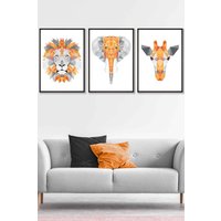 ARTZE Set of 3 Black Framed Geometric Orange Grey Jungle Animal Heads Wall Art | Size: W33 cm x H45 cm x D20mm