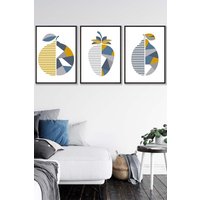 ARTZE Set of 3 Black Framed Geometric Fruit Strawberry Blue Yellow Wall Art in Mid Blue | Size: W53 cm x H73 cm x D20mm