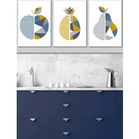 ARTZE Geometric Fruit Apple Blue Yellow Framed Wall Art - Medium in White | Size: W45 cm x H62 cm x D20mm