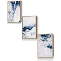 ARTZE Navy Blue Abstract Ocean Waves Framed Wall Art - Small in Light Oak | Size: W33 cm x H45 cm x D20mm