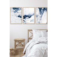 ARTZE Navy Blue Abstract Ocean Waves Framed Wall Art - Large in Light Oak | Size: W53 cm x H73 cm x D20mm