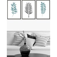 ARTZE Graphical Blue Grey Leaves Framed Wall Art - Large in Black | Size: W53 cm x H73 cm x D20mm