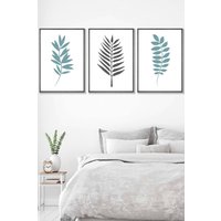 ARTZE Graphical Blue Grey Leaves Framed Wall Art - Large in Dark Grey | Size: W53 cm x H73 cm x D20mm