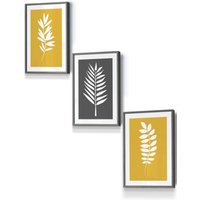 ARTZE Yellow Grey Graphical Leaves Framed Wall Art - Small in Dark Grey | Size: W33 cm x H45 cm x D20mm