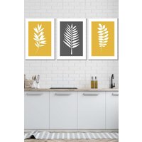 ARTZE Yellow Grey Graphical Leaves Framed Wall Art - Large in White | Size: W53 cm x H73 cm x D20mm