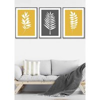 ARTZE Yellow Grey Graphical Leaves Framed Wall Art - Large in Dark Grey | Size: W53 cm x H73 cm x D20mm