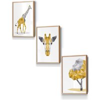 ARTZE Geometric Yellow Grey Giraffe Set Framed Wall Art - Small in Light Oak | Size: W33 cm x H45 cm x D20mm