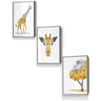 ARTZE Geometric Yellow Grey Giraffe Set Framed Wall Art - Small in Light Grey | Size: W33 cm x H45 cm x D20mm